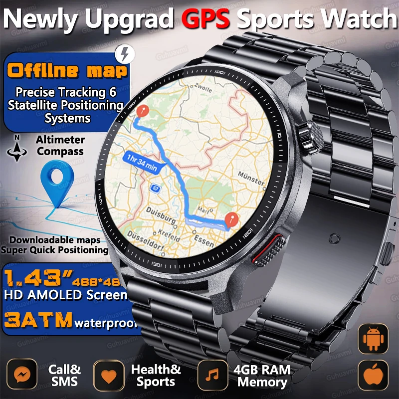 Newly Upgrade GPS Offline Map Smart Watch Men Built-in Compass Precise Positioning 4GB Memory 3ATM Waterproof Sports SmartWatch