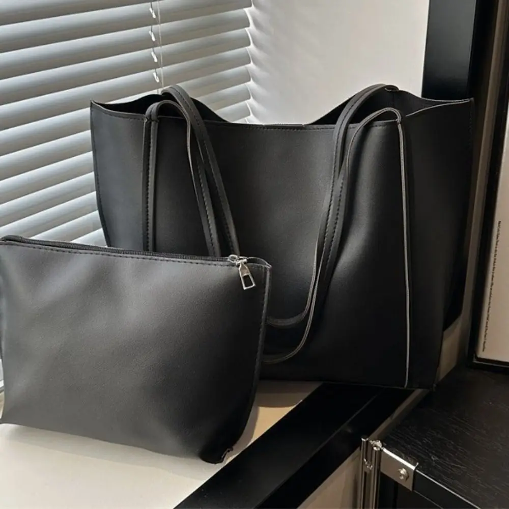 2 Pcs Set PU Leather Fashion Shoulder Bag Large Capacity Solid Color Travel Handbag Magnetic Closure Casual Shoulder Bag Travel