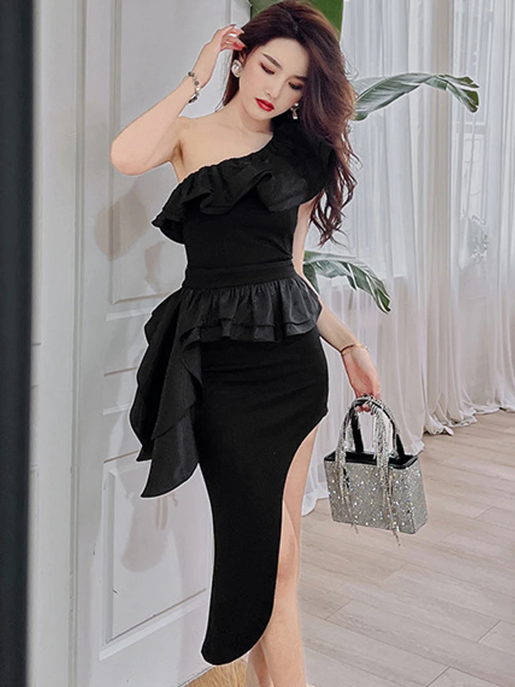 

Summer 2 Piece Sets Women's Outifits Black Chic Sexy Trendy Asymmetrical Single Shoulder Ruffles Backless Tops Midi Skirt Party