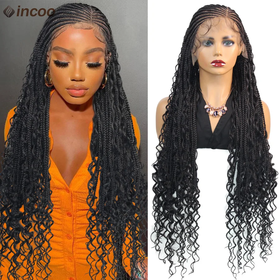 

Incoo Boho Braided Wig Knotless Square Box Braids Wig Fulani Synthetic Full Lace Wigs Goddess Cornrow Braids With Curly Hair End