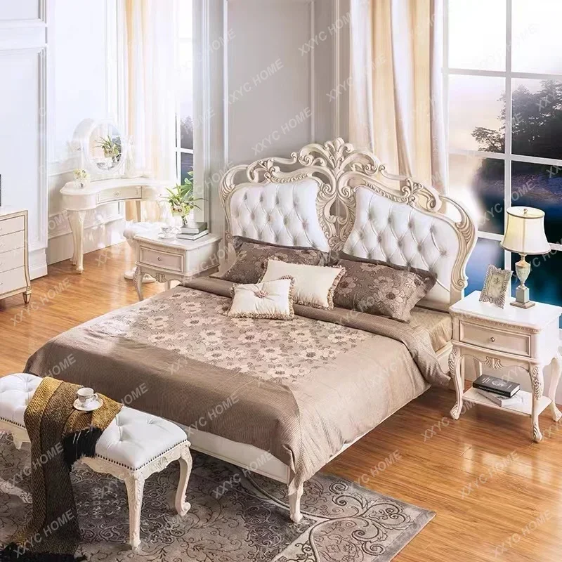 

AALuxurious Solid Wood Leather Soft Upholstered Double Carved Bed French Style Solid Wood Bed