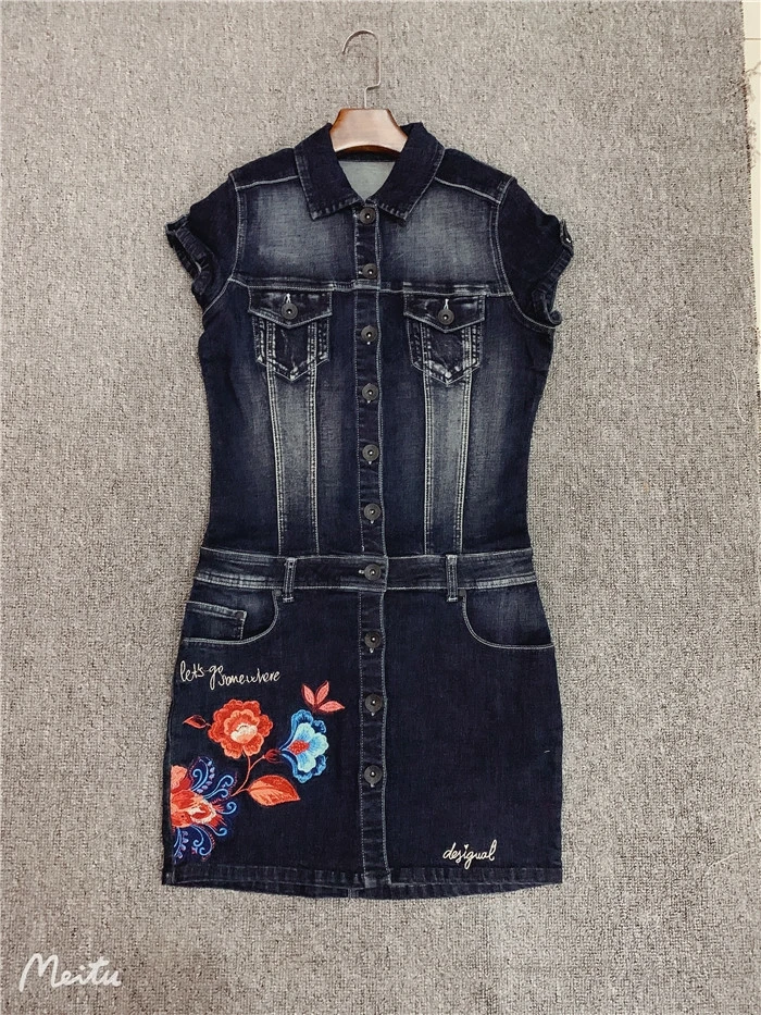 Foreign trade Spain embroidery old sand wash waist thin elastic square neck denim dress