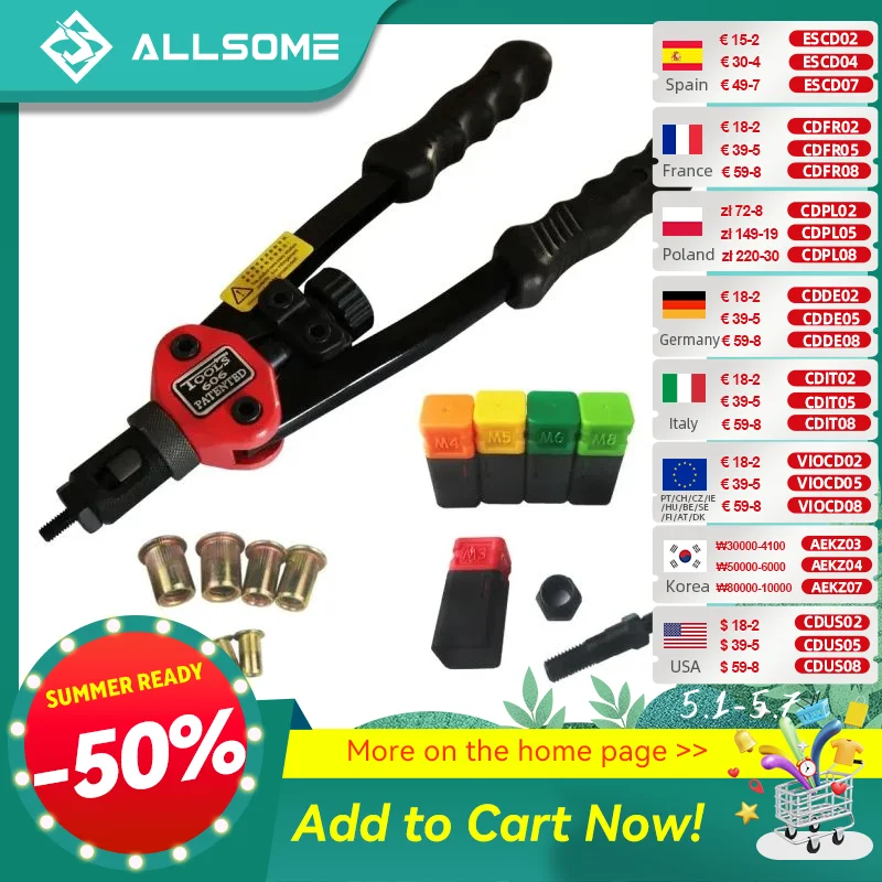allsome-bt-606-rivet-nut-tool-hand-blind-riveter-hand-riveter-rivet-gun-with-5-metric-mandrels-50pcs-rivnuts