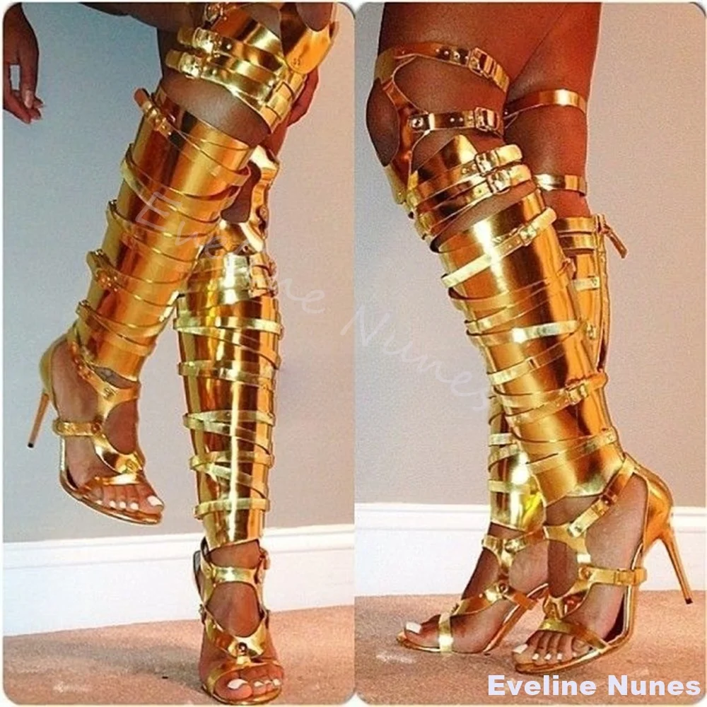 

Belt Buckle Hollow Sexy Sandals Women Solid Open Round Toe Stiletto Heel Knee High Sandals 2025 Summer New Fashion Gold Sandals