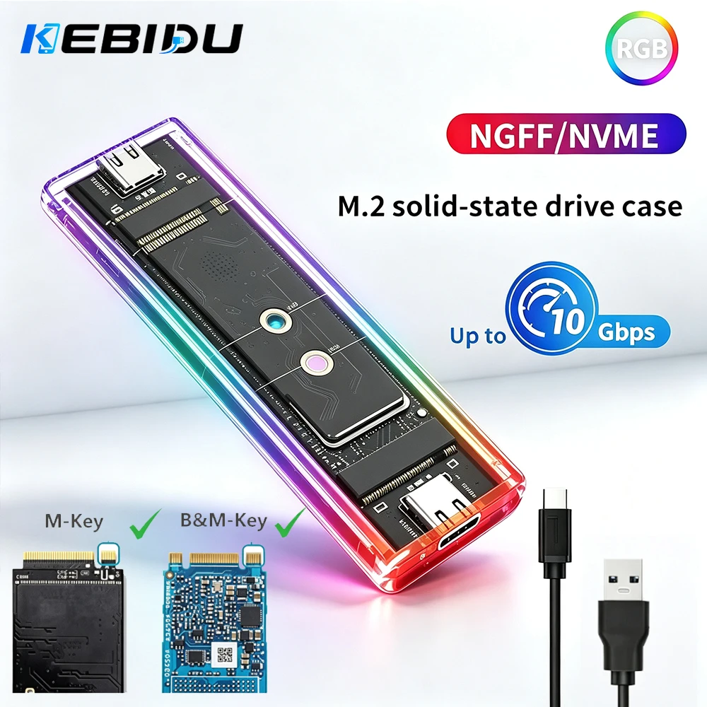 KEBIDU 10Gbps USB3.1 Gen2 RGB M.2 SSD Enclosure Transparent Hard Drive Box NVME SATA M/B Key 2230 2242 2260 2280 For PC