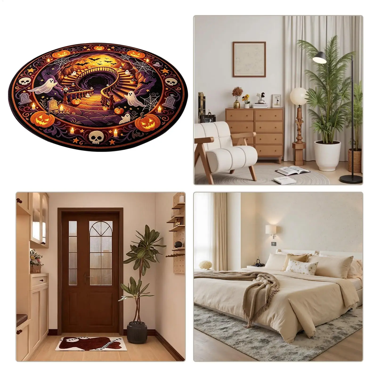 Halloween Rug 60x60cm Anti-Slip Optical Illusion Seasonal Doormat Round Festive Entrance Mat for Homeowners Dwellers Renters