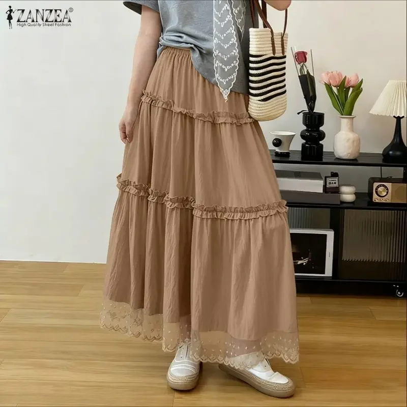 

2026 ZANZEA Women Lace Maxi Skirts Fashion Summer Elastic Waist Jupes Faldas Saia High Waist Ruffled Solid Casual Loose Bottoms