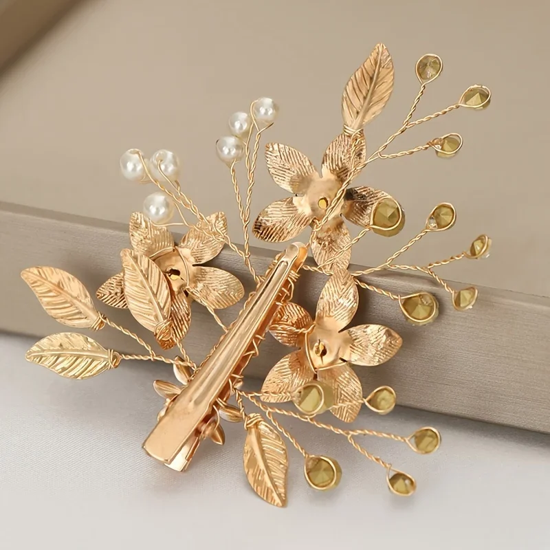 Golden Flower Bride Hair Clip Barrettes Fashion Hair Accessories Wedding Hair Jewelry Pearl Rhinestone Hairpins Women Headpiece image 6