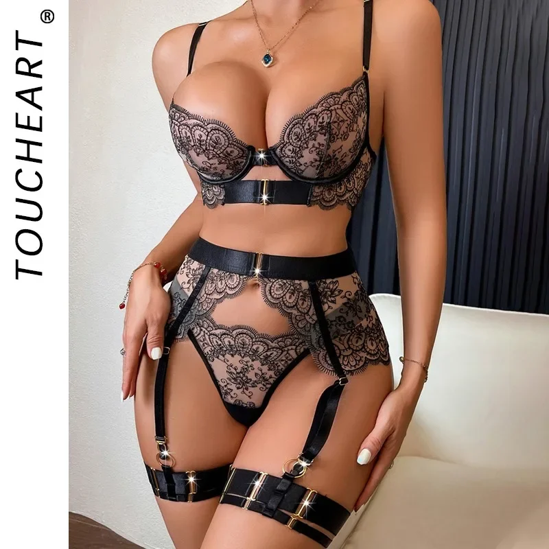 Toucheart 2-Piece Women\'s Set G-String Transparent Underwear For Woman Romantic Lingeries Set Sexy Bra And Panties Sets Lingerie