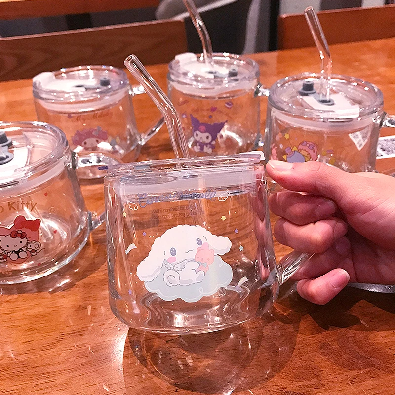 Sanrio Hello Kitty Drinkware Kuromi My Melody Cinnamoroll Cartoon Straw Glass Milk Cup Cute Home Student Cup Milk Breakfast Cup