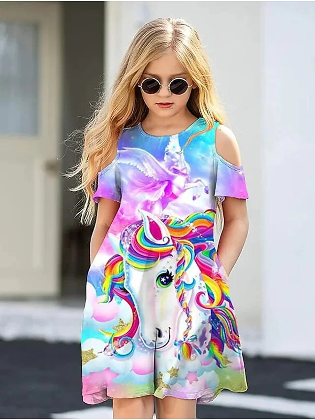 Fashion Girls Rainbow Unicorn Print Sleeveless A-line Casual Dress