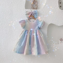 Bear Leader Fashion Rainbow Sequins Girl Dress Birthday Party Wedding Girl Dresses Kids Clothes Summer Ball Gown Dress Vestidos