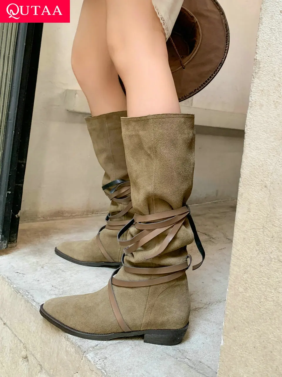 

QUTAA 2023 Women Knee High Boots Thick Low Heels Cow Suede Leather Pointed Toe Western Boots Shoes Woman Party Casual Size 34-42