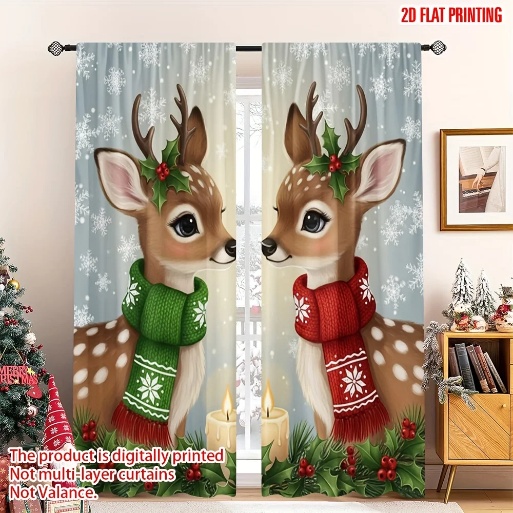 2PCS Christmas Winter Curtains, Cute Christmas Reindeer Snowflake, Digital Print, Bedroom Living Room, Rod Pocket, Home Decor
