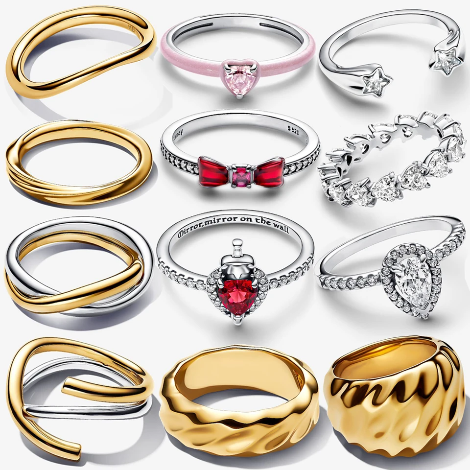 2026 New 925 Silver Women's Crown Sparkling Heart shaped Water Drop Double Loop Bow Ring DIY Exquisite Charm Jewelry Gift