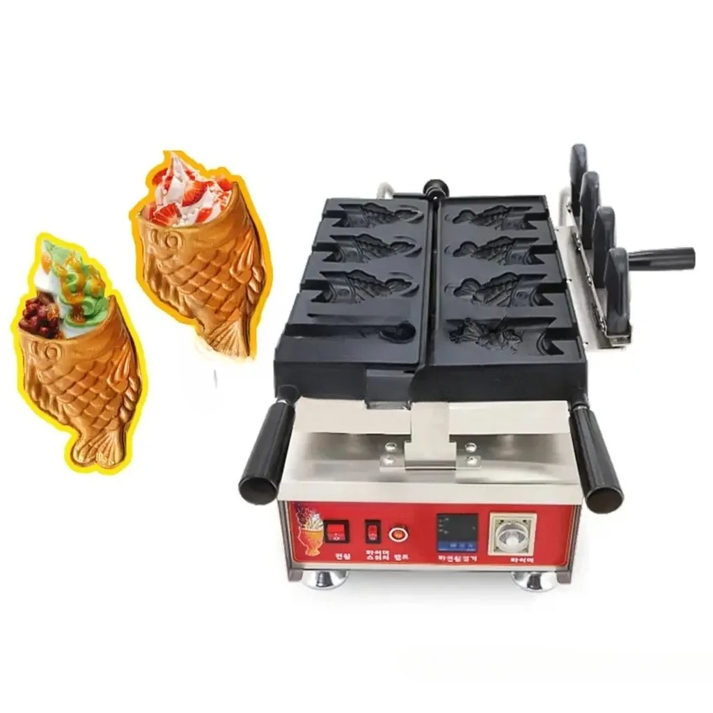 Digital Fish Shape Waffle Maker Ice Cream Taiyaki Machine Electric Waffle Cone Maker 4 Pcs Non Stick Dessert Cooking Pan