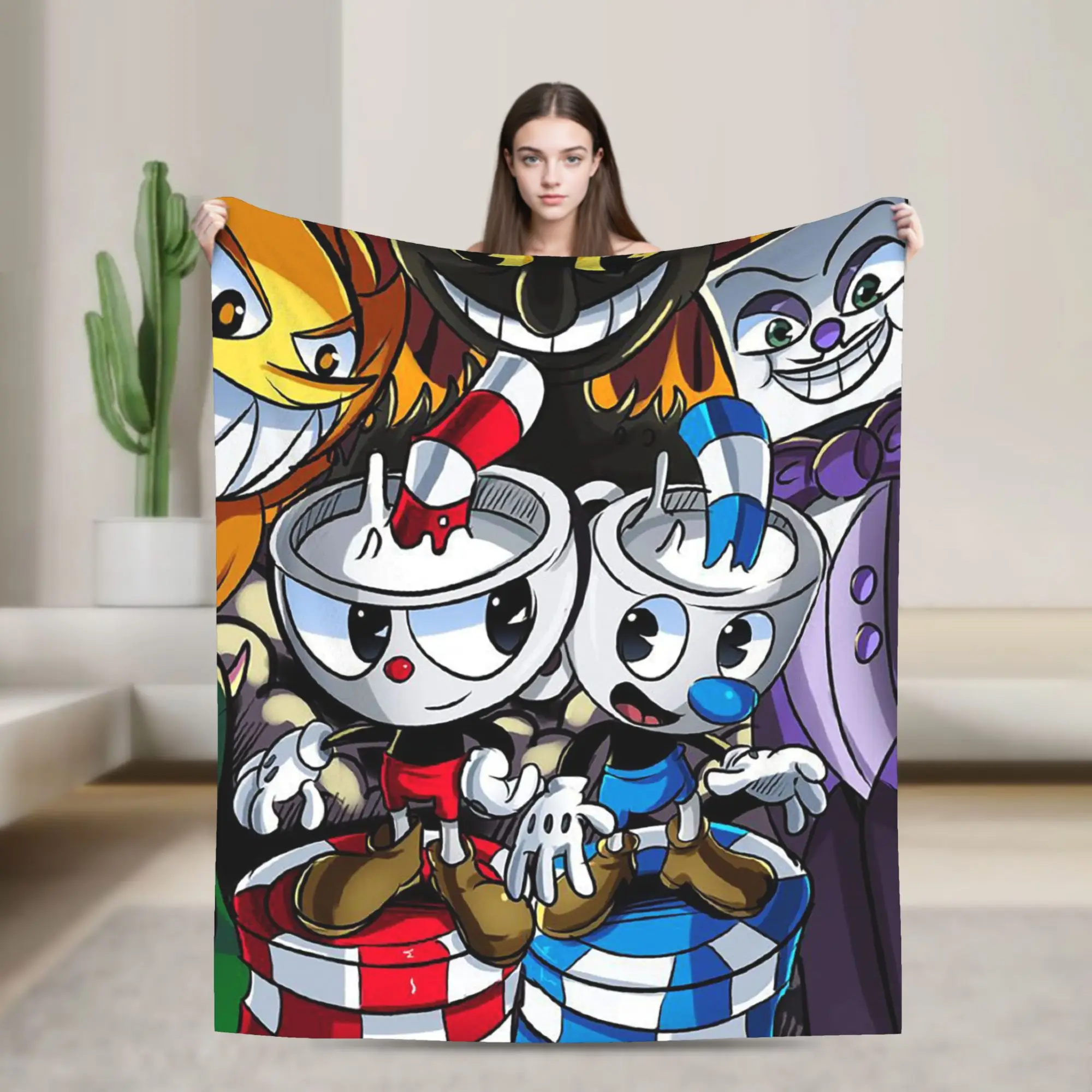 The Cupheads Devil Knitted Blanket Anime Game Flannel Throw Blanket Summer Air Conditioning Decoration Lightweight Bedspreads,