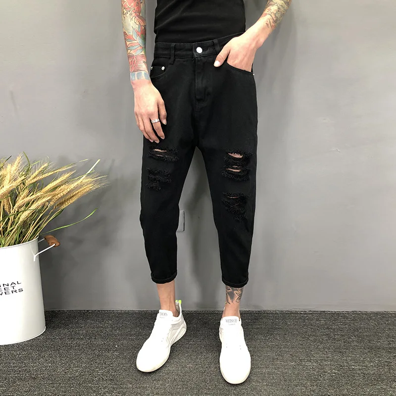 

Fashion 2022 New Men's Big Hole Jeans Korean Style Trendy Cropped Trousers Slim Couple Harem Pants