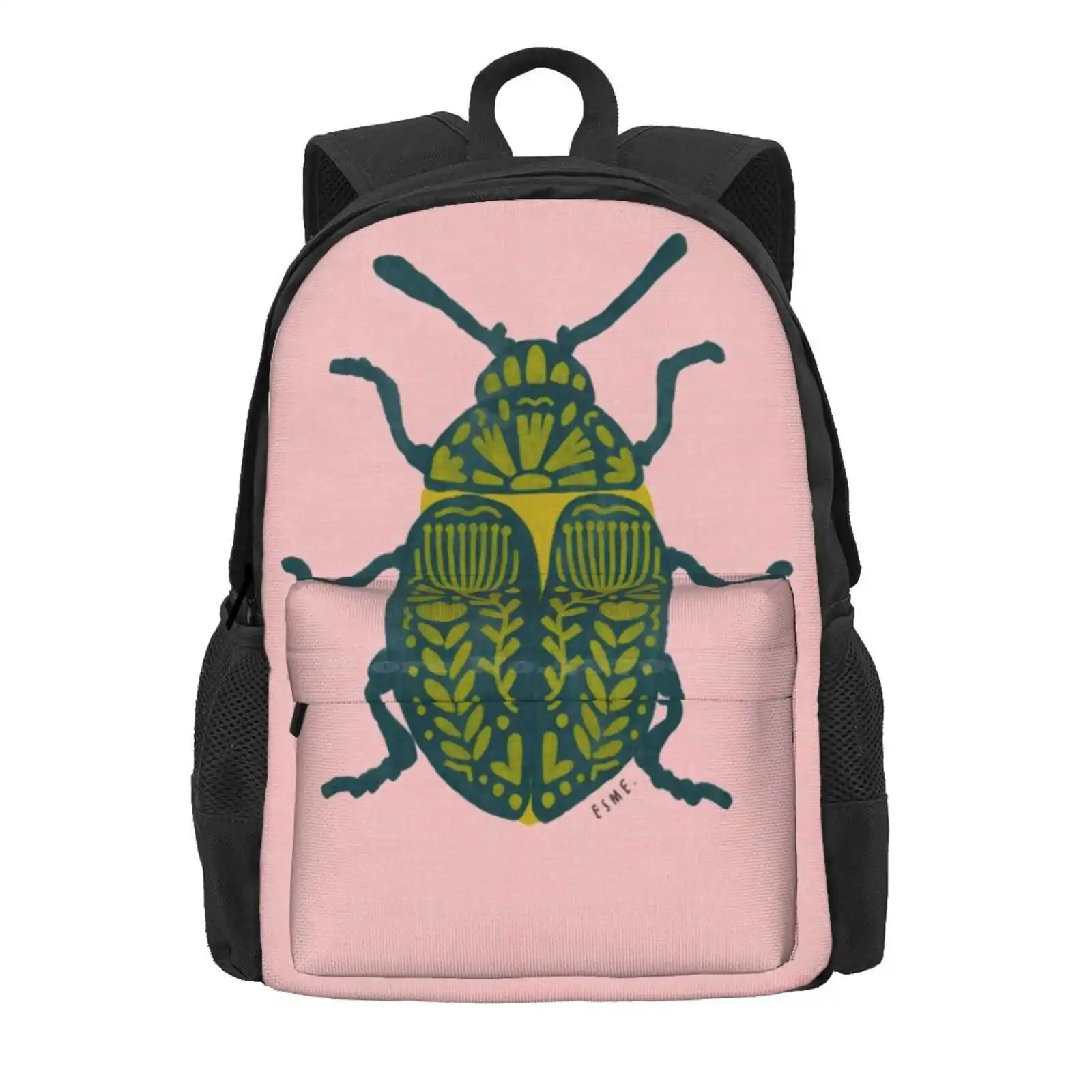 Scandi Beetle Floral On Pink Hot Sale Schoolbag Backpack Fashion Bags Beetle Scandi Pink Clash Yellow Green Floral Entomology