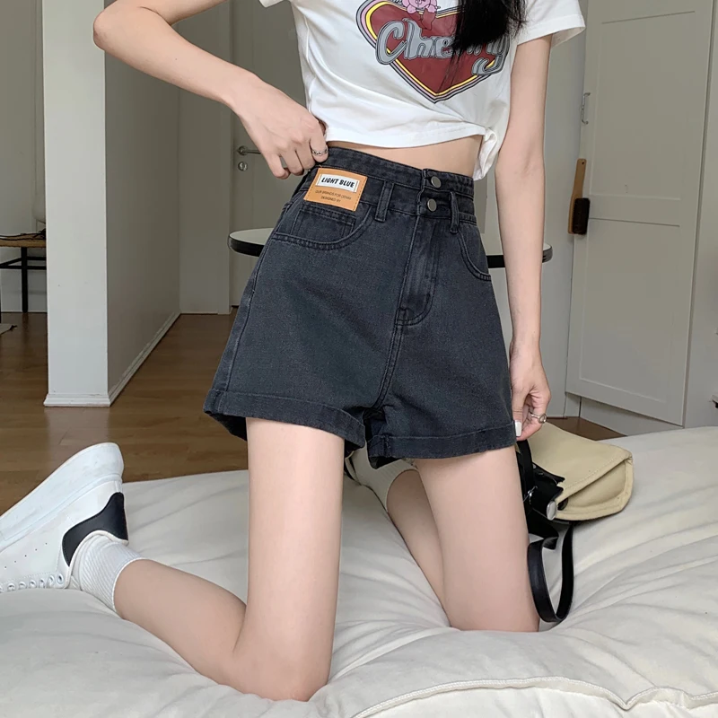 

Джинсовые орты с высокой талией и манжетами, женские летние свободные тонкие широкие брюки трапециевидной формы, большие размеры, дизайн Sensation, горячие брюки темно-синего цвета