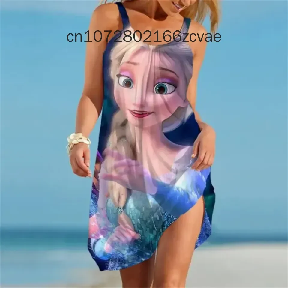 Disney Elsa Dress Women's Fashion 3D Printing Sleeveless Summer Frozen Cartoon Dress Loose Casual Fashion Long Y2K Dress