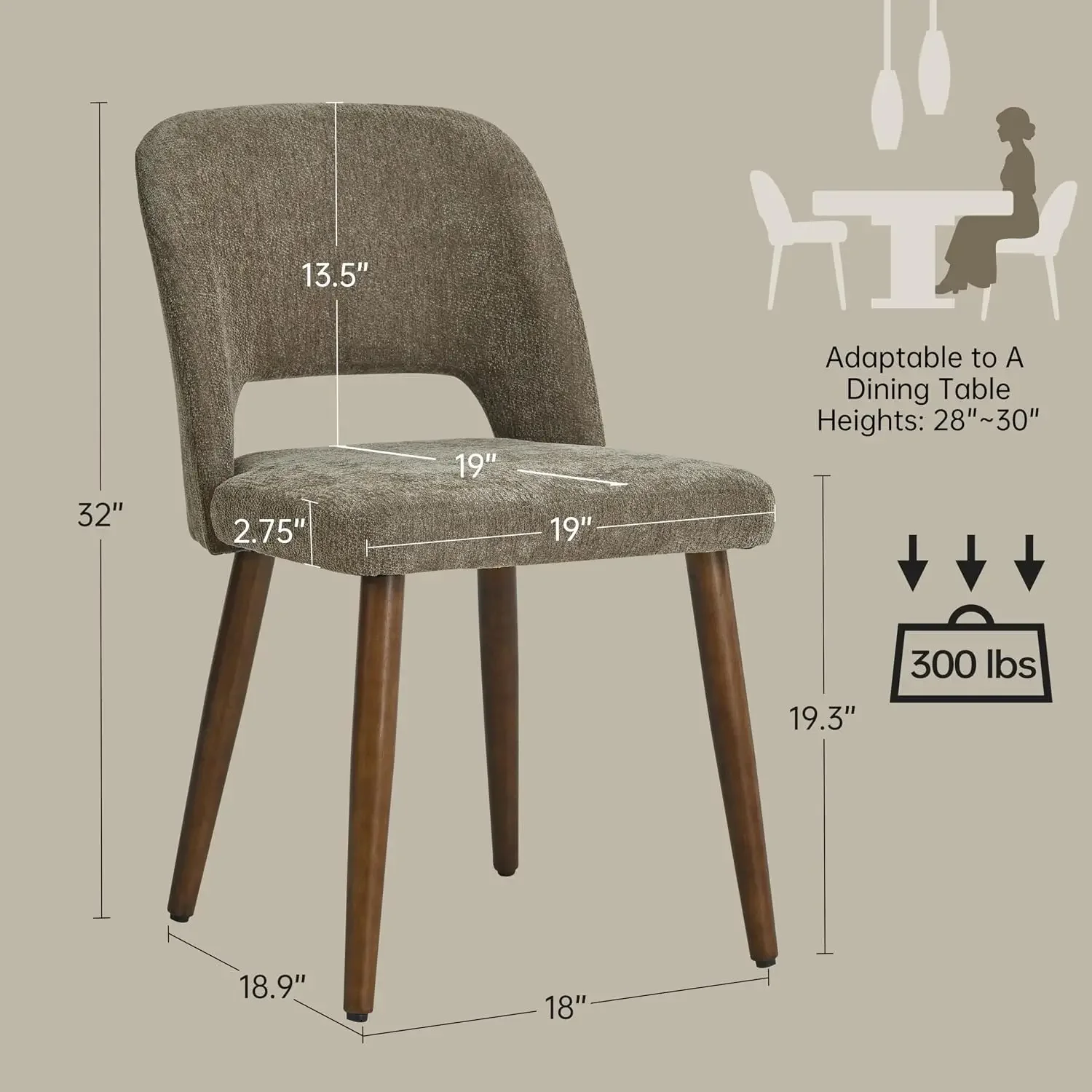 Wooden Dining Chairs Set of 4, Fabric Dining Room Chairs, Brown | Modern Kitchen Chairs with Ergonomic Curved Backrest for Kitch
