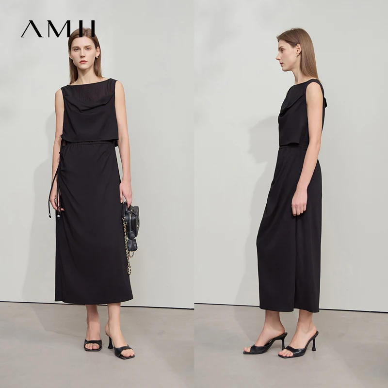 Amii minimalistische casual jurk dames 2023 zomer nieuwe kantoor dame lichte luxe mouwloze gebreide midi-jurken met trekkoord 12542115