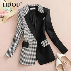 Spring Autumn Fashion Patchwork Houndstooth Button Blazers Women Long Sleeve All Match Office Lady Top Y2K Korean Casual Clothes