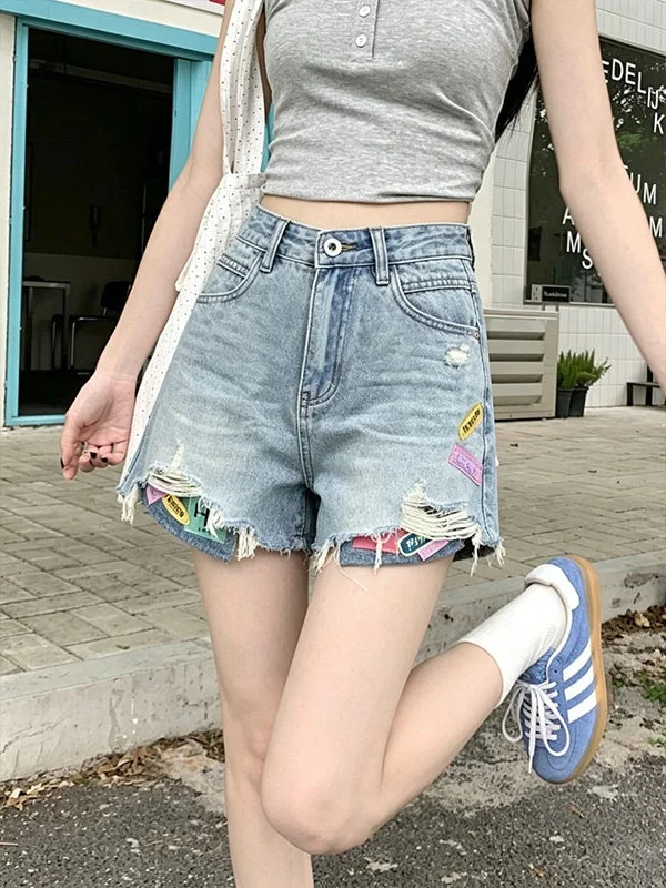 

High Waist Loose A-Line Design Summer Denim Shorts Women's Fashion Patchwork Hole Punching Korean Style Versatile Short Pants