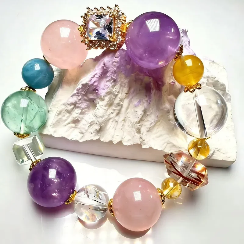 Liuyun Crystal Song-18mm Pure Natural Bead Bracelet Amethyst Powder Crystal Aquamarine Green Fluorite Black Gold Ultra Yellow