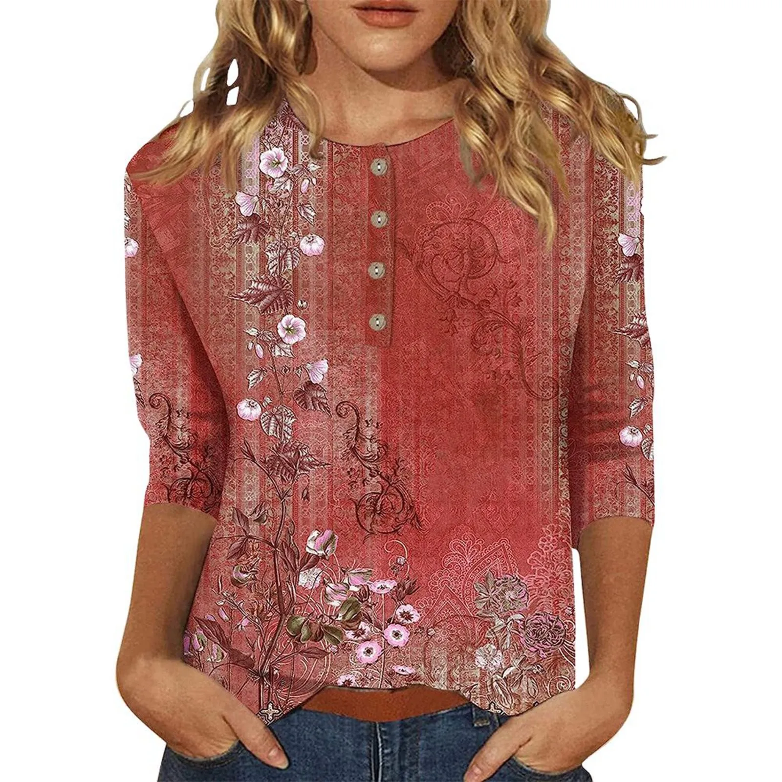 

Women's Leisure Summer Top Three Quarter Sleeve Round Neck T Shirt Buttoned Flower Print Button Loose Casual Ladies Tunic Blouse