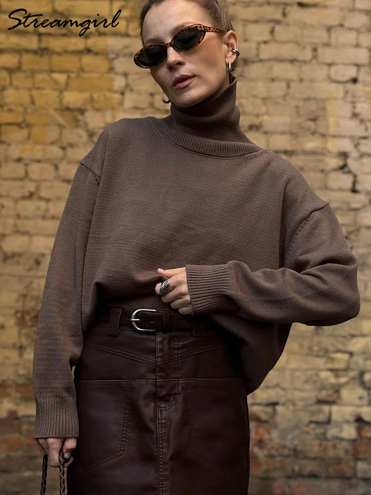 

Turtleneck Yellow Sweaters For Women Autumn Long Sleeve Loose Short Knitted Pullovers Warm Soft Brown Sweater Women Oversized