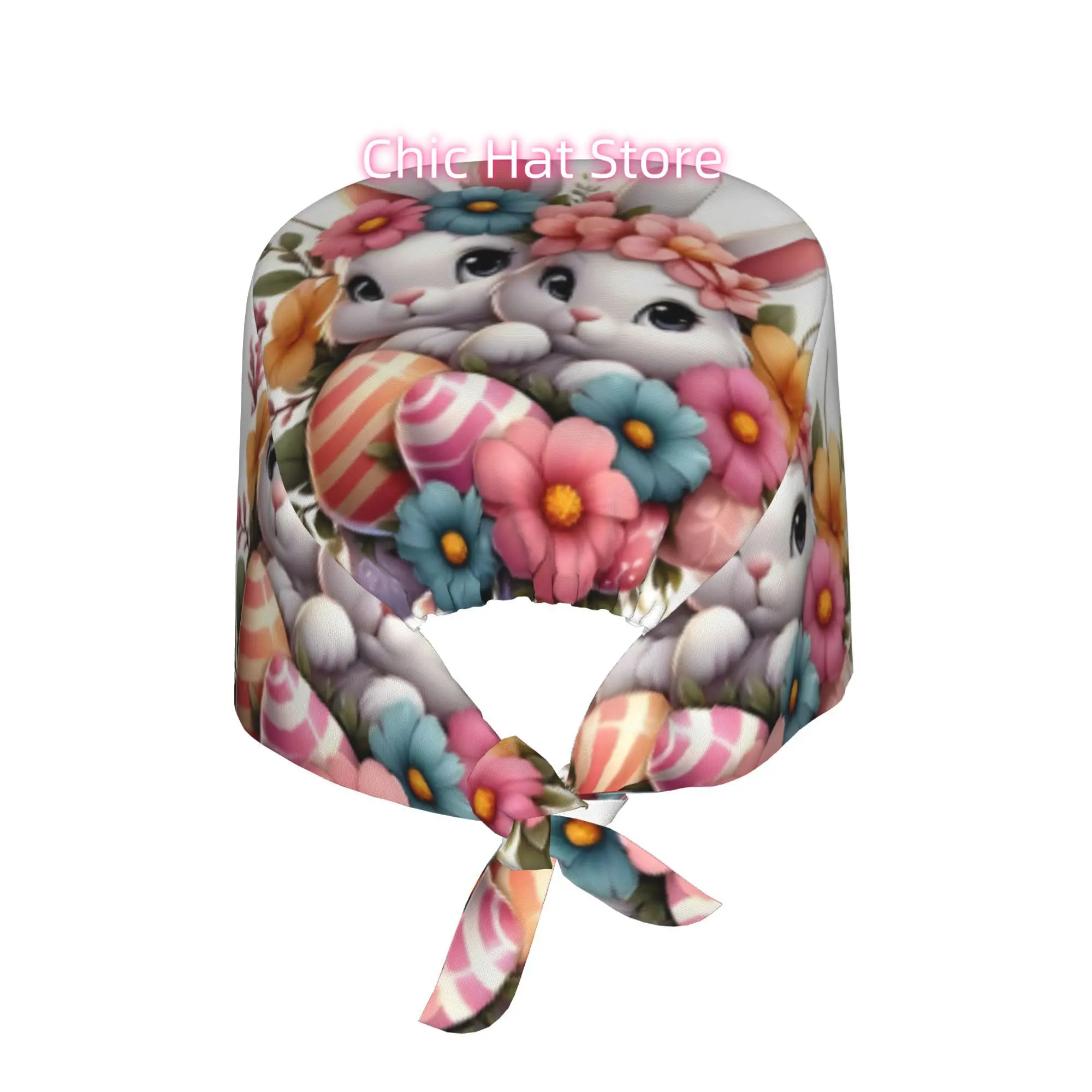 1pc Floral Rabbit Print Adjustable Work Cap - Lightweight, Dustproof Nurse & Chef Hat with Tie-Back Design, Unisex Stylish Skull