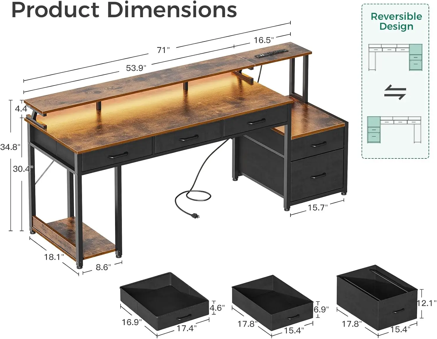 AODK 71 Inch Computer Desk with File Drawer, Reversible Office Desk with 4 Drawers & Power Outlet, LED Strip, Home Office Desk