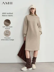 AMII Minimalism Women's Casual Fleece Hoodie Dresses Half Turtleneck Zipper Half Cardigan Embroidered Badge 2024 Winter 12424052