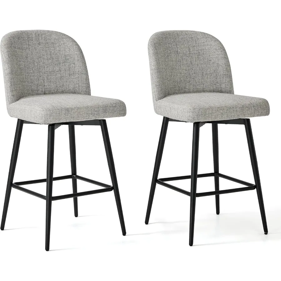 カウンターハイトバースツール2脚セット、シート高さ26.9インチ、回転式、布張りリネンバースツール、背もたれと金属脚付き、キッチン用