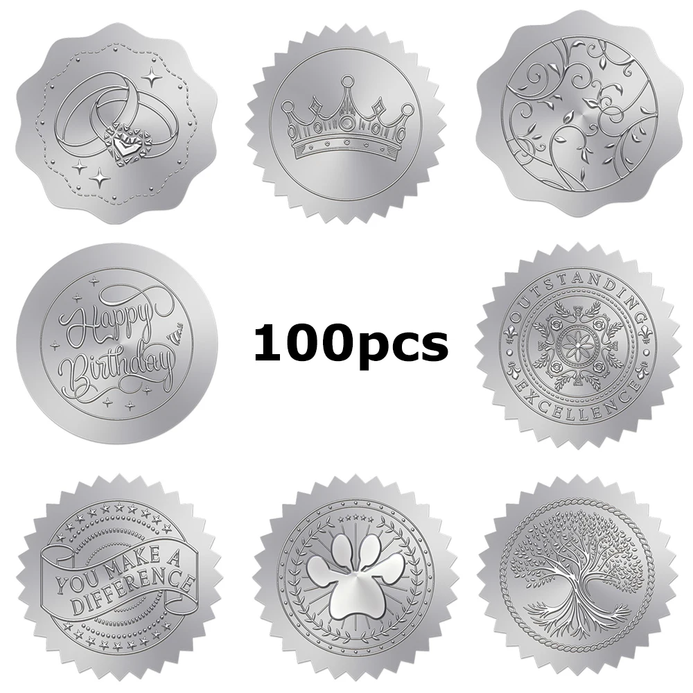 

100Pcs Self Adhesive Silver Foil Embossed Seal Stickers Vintage Crown Tree Ring Decorative Labels for Envelopes Card Sealing