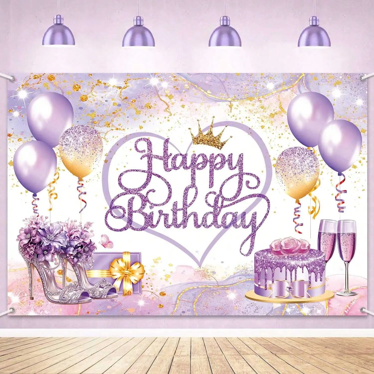 Happy Birthday Tapestry - Purple Gold Party Backdrop Wall Hanging, Balloon Cake Decor, Photo Booth Background, Multiple Sizes