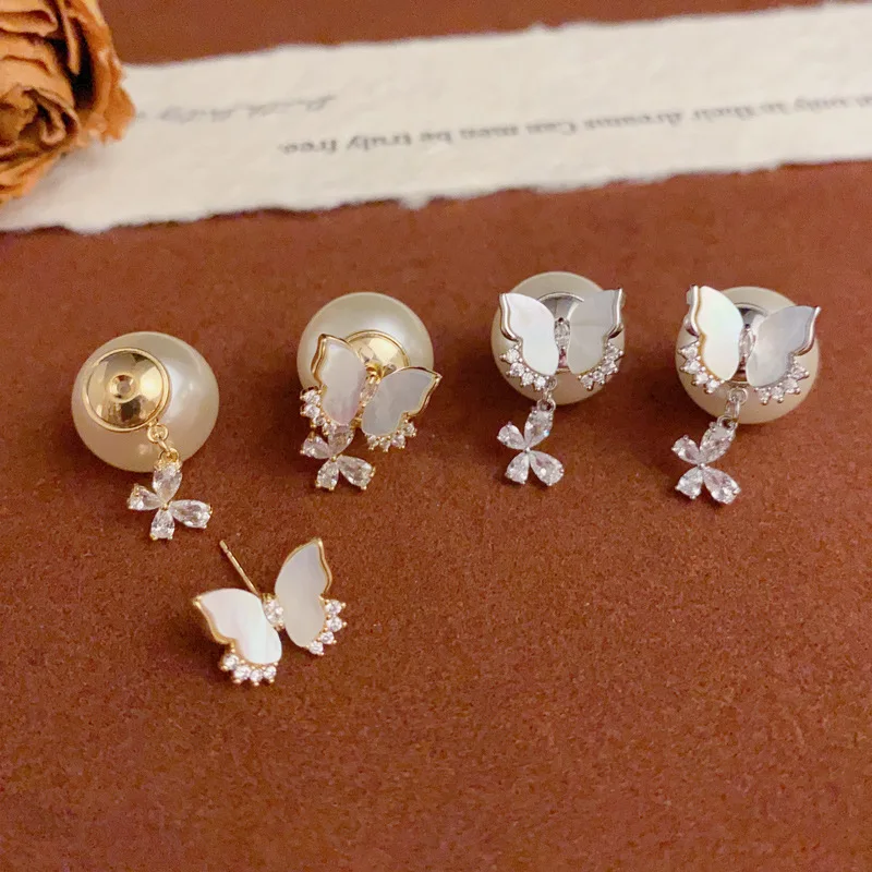 Fashion design shell butterfly front and rear wearing pearl earrings niche temperament versatile earrings