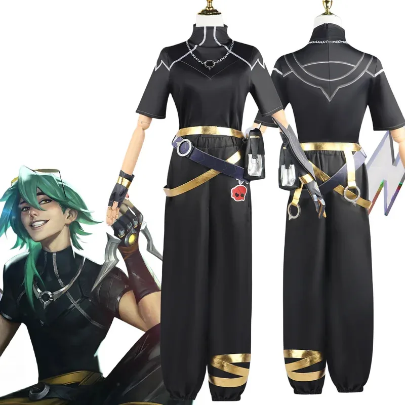 ROLECOS Game LOL HEARTSTEEL Ezreal أزياء تنكرية LOL HEARTSTEEL GQ Ezreal بدلة سوداء للجنسين للهالوين مجموعة كاملة مع نظارات