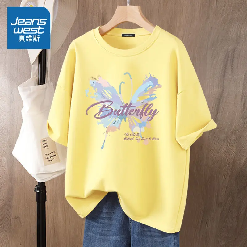 

Lady Basics Top Tees M-6XL Summer Casual O-neck Short Sleeve Pure Cotton T-shirt Chic Butterfly Printed Simple Loose Pullover