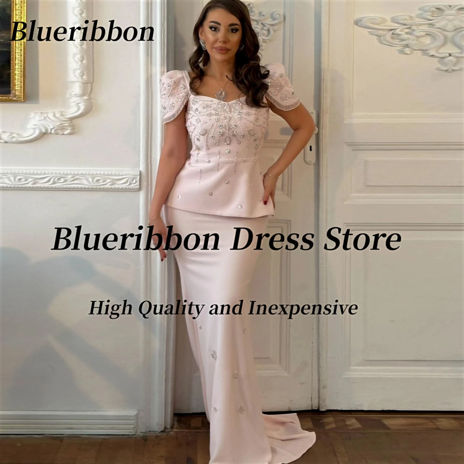 

Blueribbon Вечерние платья с квадратным вырезом и короткими рукавами, расшитое бисером платье для выпускного вечера на молнии сзади, длинное платье-футляр для дня рождения по индивидуальному заказу