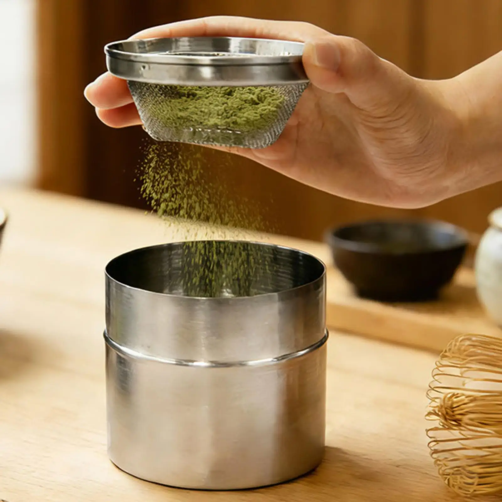 Stainless Steel Canister with Fine Mesh Screen Airtight Kitchen Storage Container for Tea Powder and Spices