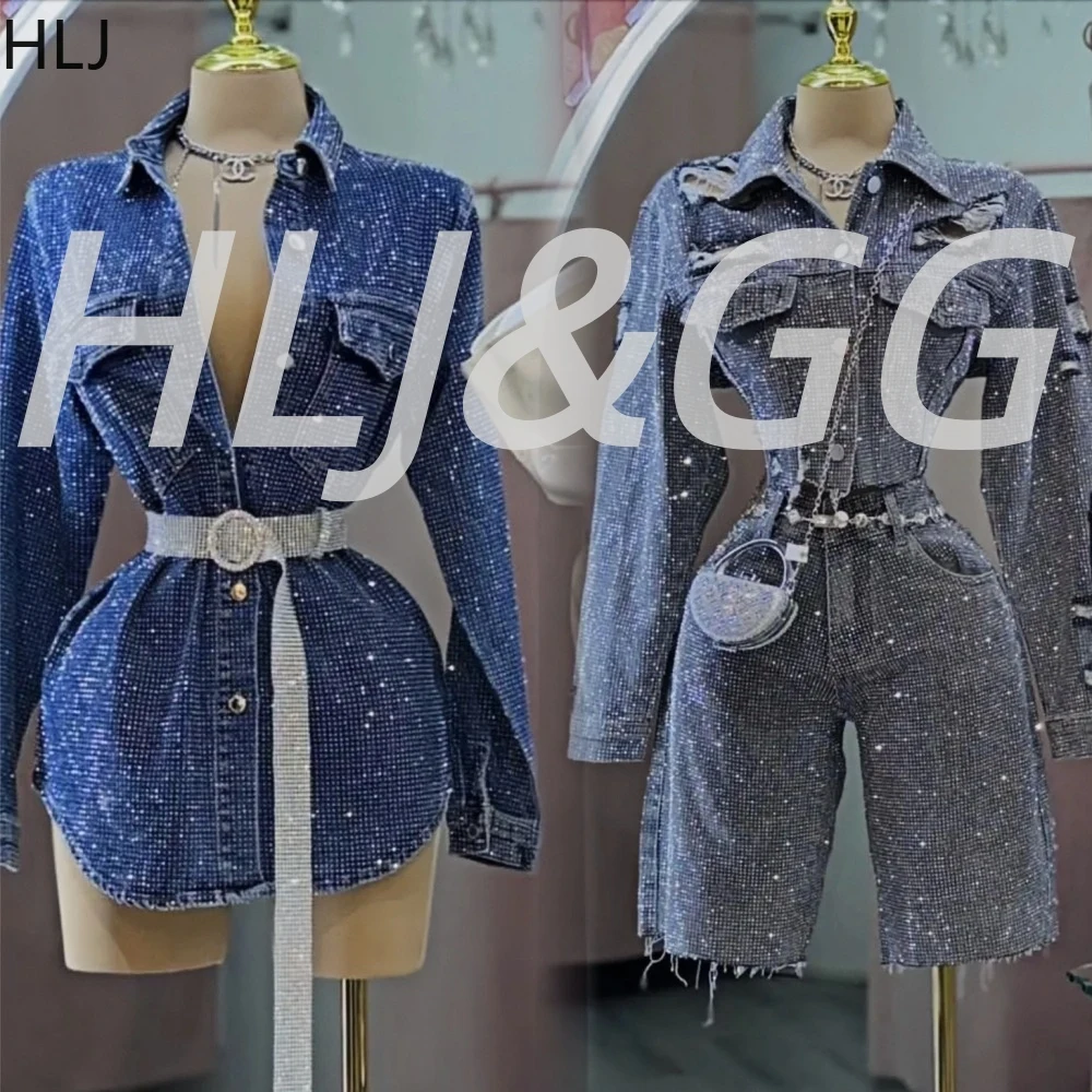 Set Dua Potong Celana Pendek Denim Berkualitas Tinggi HLJ Blue Fashion dengan Hiasan Rhinestone, Atasan Crop Lengan Panjang Kancing Kerah + Celana Pendek Streetwear Wanita