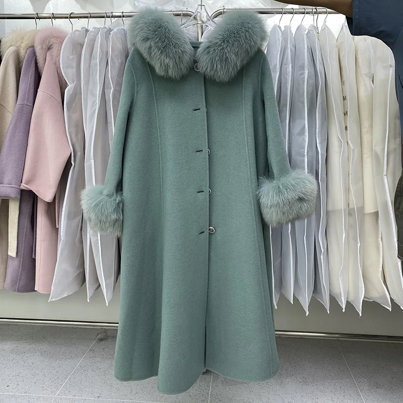

2023 New Women Big Size Double-sided Wool Coat Medium Long Real Fox Fur Collar Wool Coat Hooded Fashion Lace-up Female Autumn Wi