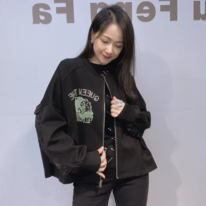 Women's Clothing Ruffled Rhinestone Oversized Cardigan Zipper Jacket Women's Autumn Winter Batwing Sleeves Black Versatile Coat