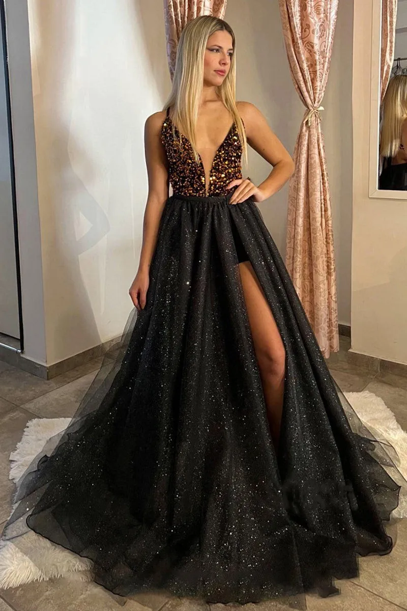 

Sequined Evening Dresses Tulle Deep V Neckline Spaghetti Strap A Line Hi-lo Front Slit Prom Gowns Women Formal Party Custom made