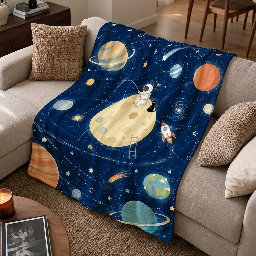 Aesthetic Space Galaxy Throw Blanket for Sofa Living Room Planets Astronaut Cosmic Universe Decor Plush Cozy Winter Warmth