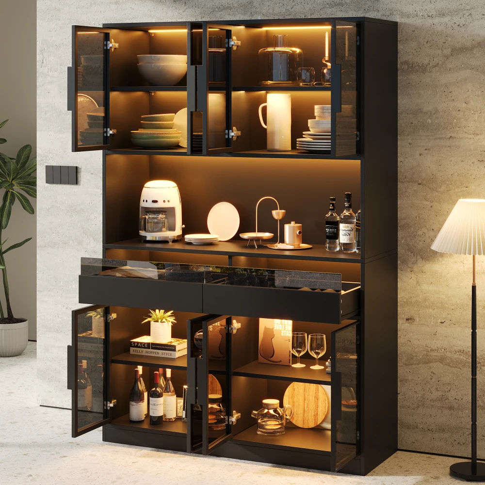 Mobile bar moderno con vetrina in vetro, dimensioni 120x40x180 cm, con pannelli in vetro temperato grigio, 8 ante, 2 cassetti e vano aperto, mobile espositivo e contenitore indipendente per
