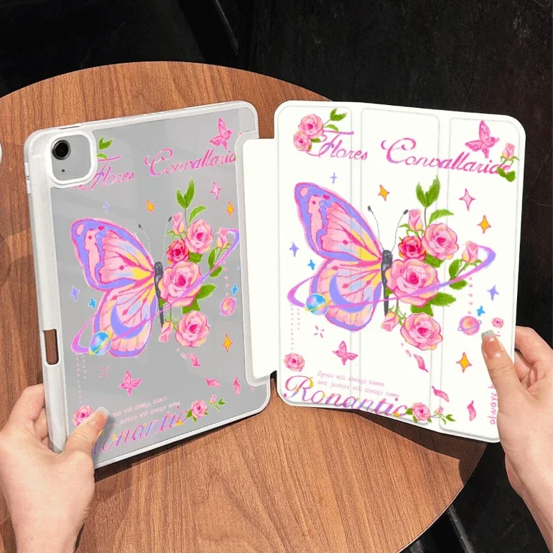 

Tri-fold Funda for IPad Air 5 4 10.9 Cases 9.7 5th 6th Gen IPad 10.2 Case 7/8/9th Generation PU Acrylic Cover Butterfly Rose